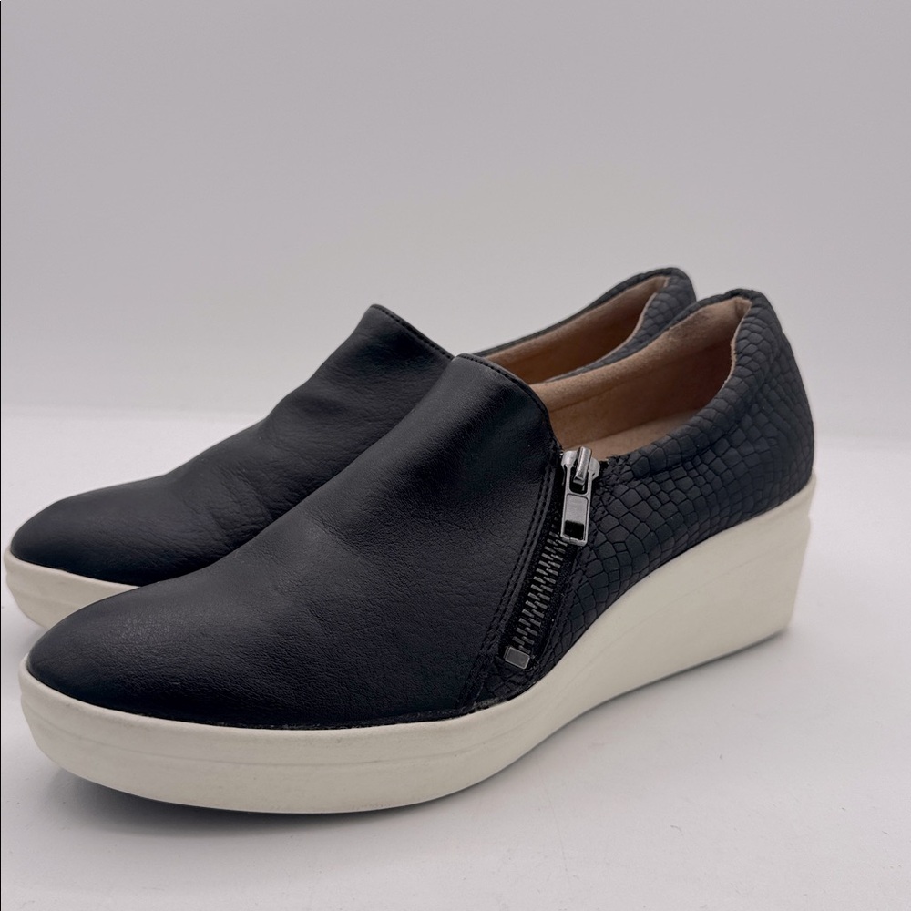 Naturalizer Black Leather Wedge Slip-On Sneakers with White Platform